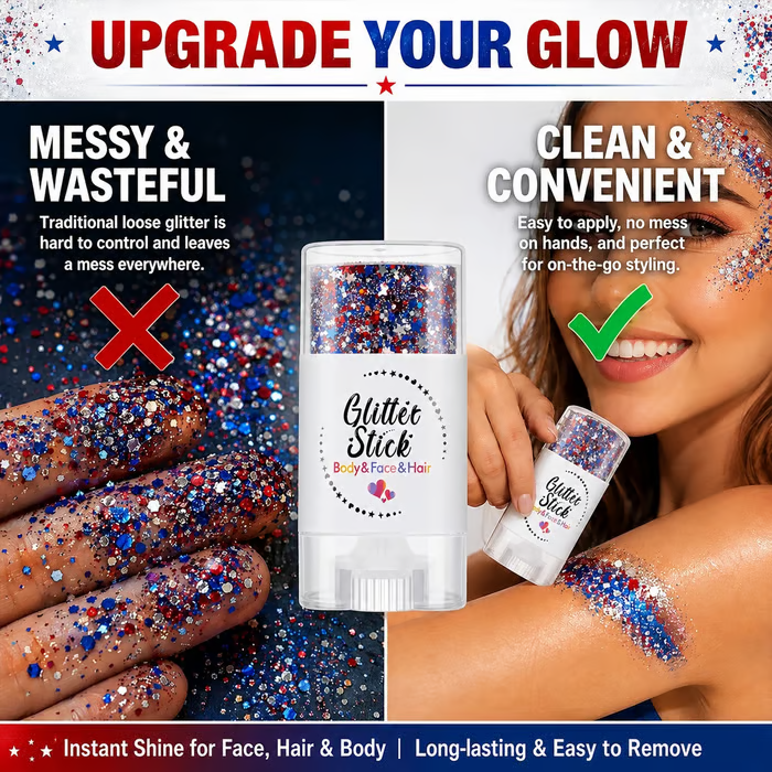 ✨3-in-1 Patriotic Glow😍Red, White & Blue Glitter Body Stick