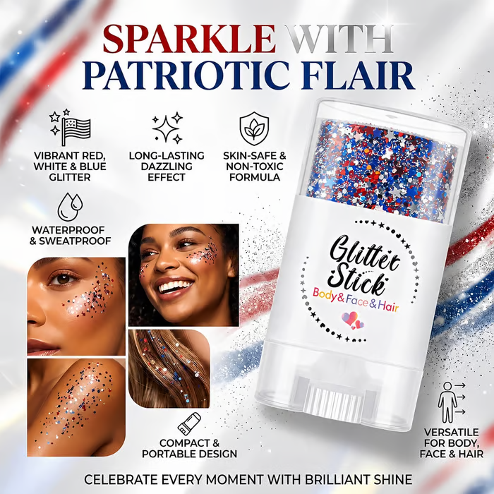 ✨3-in-1 Patriotic Glow😍Red, White & Blue Glitter Body Stick