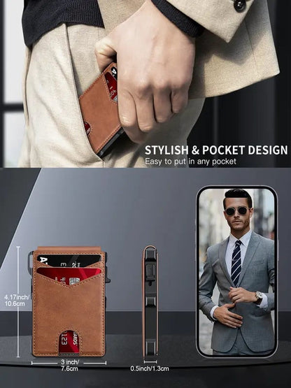 ✨Slim Wallet for Men with Pop-Up Aluminum Case, RFID Blocking & Money Clip | Minimalist Leather Bifold Card Holder