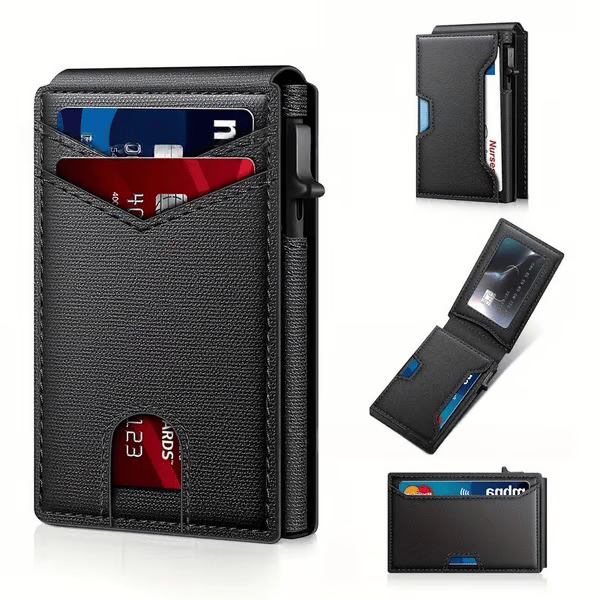 ✨Slim Wallet for Men with Pop-Up Aluminum Case, RFID Blocking & Money Clip | Minimalist Leather Bifold Card Holder