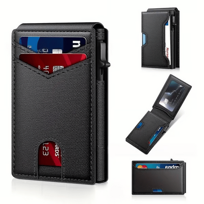 ✨Slim Wallet for Men with Pop-Up Aluminum Case, RFID Blocking & Money Clip | Minimalist Leather Bifold Card Holder