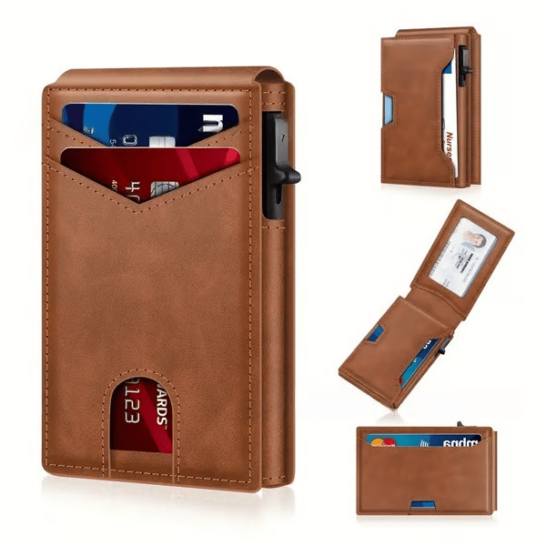 ✨Slim Wallet for Men with Pop-Up Aluminum Case, RFID Blocking & Money Clip | Minimalist Leather Bifold Card Holder
